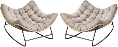 Outdoor Rocking Chair, 2 PCS Indoor Papasan Chairs, Oversized Egg Rocking Chair with Thick Cushion, Rattan Wicker Rocker Lounge Chair for Bedroom, Living Room, Patio, Garden, Porch (Beige)
