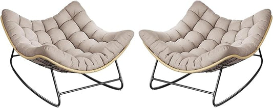 Outdoor Rocking Chair, 2 PCS Indoor Papasan Chairs, Oversized Egg Rocking Chair with Thick Cushion, Rattan Wicker Rocker Lounge Chair for Bedroom, Living Room, Patio, Garden, Porch (Beige)