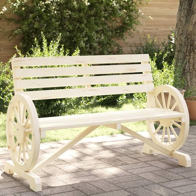 47.8" Outdoor Loveseat Solid Fir Wood Rustic Garden Bench Wagon Wheel Armrests 2-Seater Small Patio Couch for Balcony Backyard Patio Furniture