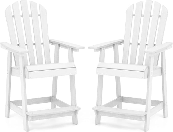 Tangkula Outdoor Bar Stool, HDPE Tall Adirondack Chair with Armrest & Footrest, Weather Resistant 47 Inch Counter Height Barstool Lifeguard Chair for Pool Deck Patio Garden, Balcony Chairs (2, White)
