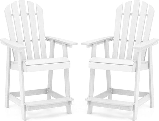 Tangkula Outdoor Bar Stool, HDPE Tall Adirondack Chair with Armrest & Footrest, Weather Resistant 47 Inch Counter Height Barstool Lifeguard Chair for Pool Deck Patio Garden, Balcony Chairs (2, White)