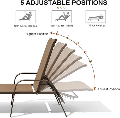 Crestlive Products Chaise Lounge Chair Outdoor with Armrests, Pool Lounge Chairs Set of 4, Aluminum Adjustable 5 Positions Sun Tanning Lounger for Patio, Poolside, Yard, Deck, Backyard (Brown)