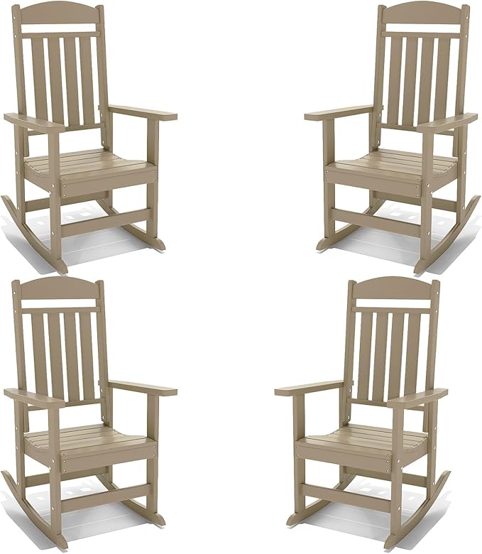 Outdoor Rocking Chairs Set of 4, Oversized High Back Patio Rocking Chairs, All Weather Porch Rocking Chairs for Outside. Brown