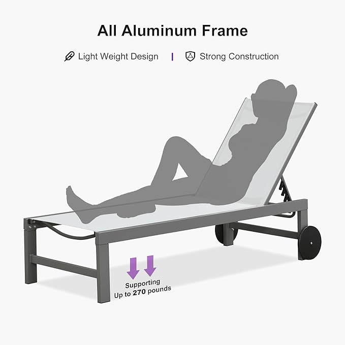 PURPLE LEAF Outdoor Lounge Chair Set for 2 Patio Chaise Lounger with Aluminum Frame and Wheels All-Weather Pool Lounge - Photo 8