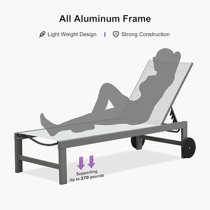 PURPLE LEAF Outdoor Lounge Chair Set for 2 Patio Chaise Lounger with Aluminum Frame and Wheels All-Weather Pool Lounge Chairs for Outside Garden Yard Poolside Table Included, White