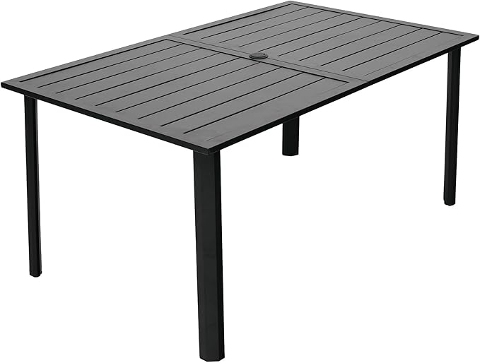 Outdoor Dining Table for 6-8 Person Weather-Resistant Patio Table with Umbrella Hole, 63L x 38W x 29H inches, Black Metal Frame Easy Install Black Outdoor Table for Backyard Garden Lawn