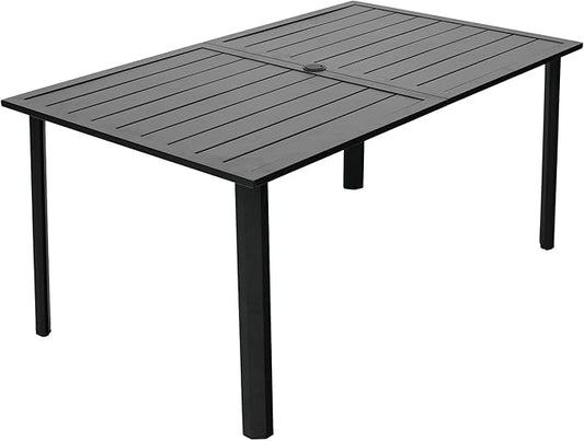 Outdoor Dining Table for 6-8 Person Weather-Resistant Patio Table with Umbrella Hole, 63L x 38W x 29H inches, Black Metal Frame Easy Install Black Outdoor Table for Backyard Garden Lawn