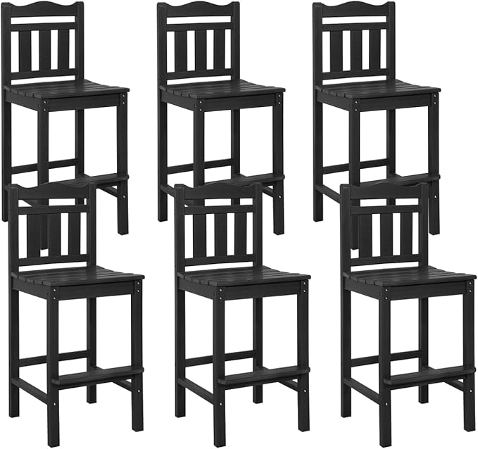 Sundale Outdoor Tall Adirondack Bar Chair Set of 2, HDPE Patio Stools with Backrest, 27.5 Inch Seat Height Tall Bistro Dining Counter Stool, All-Weather Pub Height Chair (Black, 6 Bar Stools)