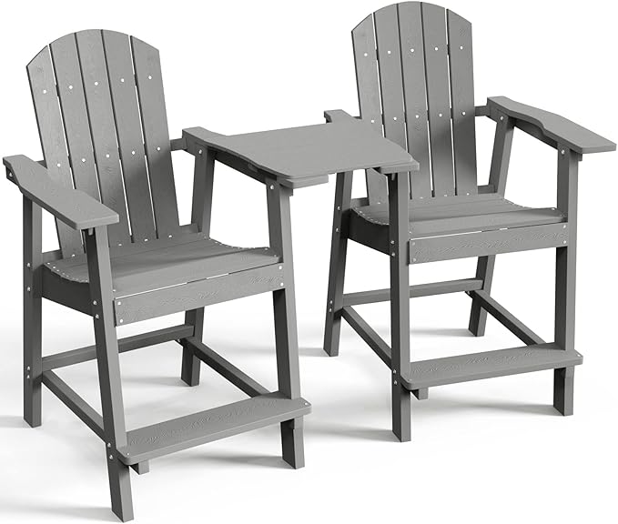 DWVO 25" Tall Adirondack Chair, Poly Bar Height Balcony Chairs, Weather-Durable Outdoor Barstool Lifeguard Chair for Deck Pool Patio and Porch, Gray