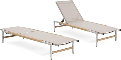 Christopher Knight Home Set of 2 Hargrove Patio Garden Chaise Lounges, Aluminum Frame, Mesh Seating and Rope-Wrapped Legs, 5-Position Adjustable Backrest, Outdoor Relaxation, Poolside, Natural+Silver