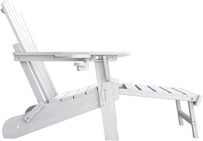 Adjustable Adirondack Chairs with Retractable Ottoman, HDEP Folding Adirondack Chair with Footrest & Cup Holder, All Weather Fire Pit Chair for Outdoor,White