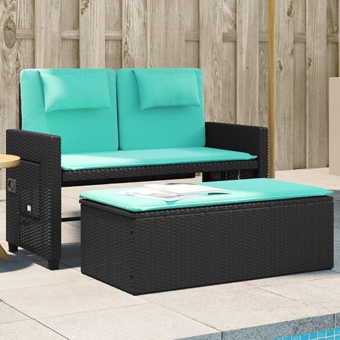 Reclining Patio Bench with Cushions Black Poly Rattan Porch Bench Outdoor Bench Deck Bench Garden Bench for patios - Photo 2