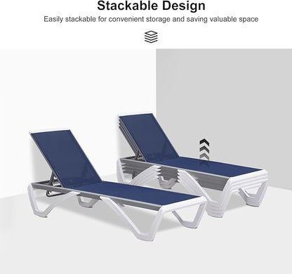 PURPLE LEAF Patio Chaise Lounge Chair Set of 3 Outside Aluminum Plastic Stackable Tanning Chairs for Pool Sunbathing Beach Deck Outdoor Lounger, Navy Blue