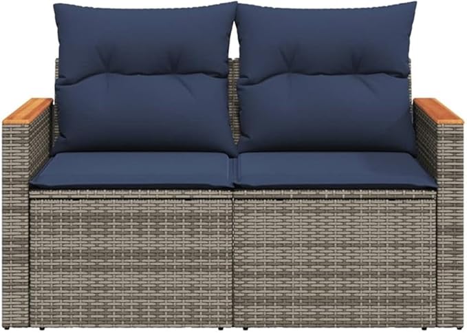 BOWERY HILL 2-Seater Poly Rattan Patio Sofa, Gray Finish, PE Rattan and Steel Frame with Acacia Wood Side Table, Navy Blue Cushions, Storage Space, UV-Proof Outdoor Seating for Garden or Patio Use