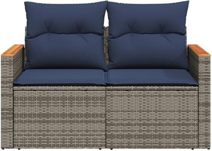 BOWERY HILL 2-Seater Poly Rattan Patio Sofa, Gray Finish, PE Rattan and Steel Frame with Acacia Wood Side Table, Navy Blue Cushions, Storage Space, UV-Proof Outdoor Seating for Garden or Patio Use