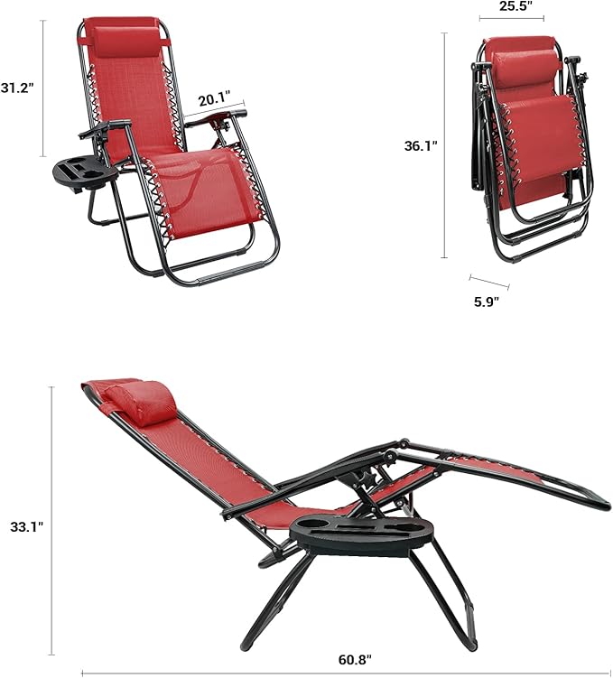Kemon Zero Gravity Folding Lounge Outdoor Patio Adjustable Reclining Chair with Pillows and Cup Holders for Beach Set of 2, Red,KM-CRDVC