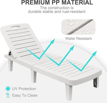Outdoor Chaise Lounge Set of 2, Waterproof Resin Lounge Chairs for Outside w/Adjustable 5 Positions Recliner Chair for Patio, Poolside, Beach, Yard, All Weather Use, White