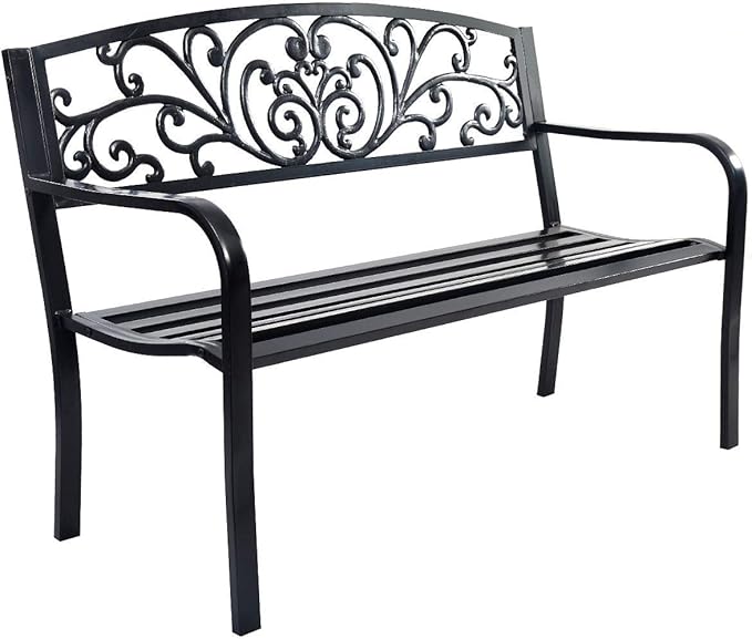 Wenst'sKufAN 50" Patio Garden Bench Park Patio Yard Furniture Decor Powder-Coated Cast Iron Black
