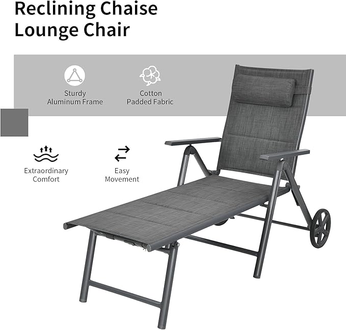Tangkula Patio Chaise Lounge W/Wheels, Outdoor Folding Padded Lounge Chair W/ 7-Position Backrest, Removable Headrest, Aluminum Reclining Chair, Suitable for Deck, Porch, Poolside (1, Grey)