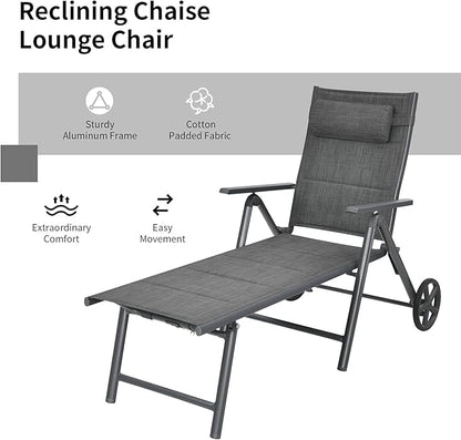 Tangkula Patio Chaise Lounge W/Wheels, Outdoor Folding Padded Lounge Chair W/ 7-Position Backrest, Removable Headrest, Aluminum Reclining Chair, Suitable for Deck, Porch, Poolside (1, Grey)