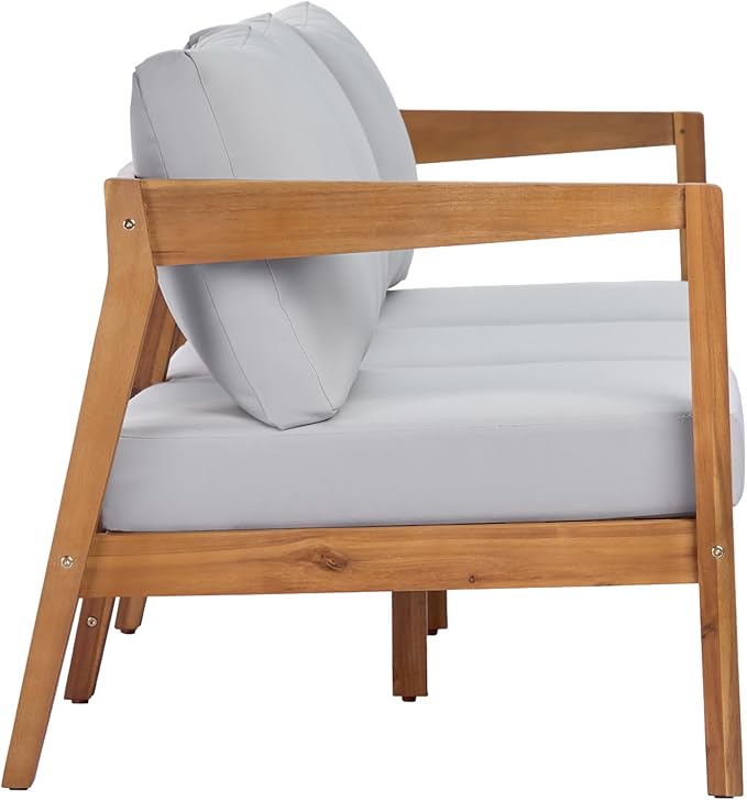 Merax 76.38" Acacia Solid Wood 3-Seater Outdoor Patio Sofa, Teak Finish with Beige Cushions - Photo 4