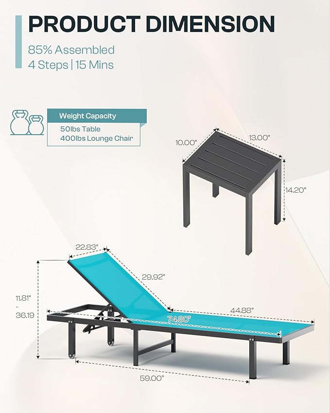 Aluminum Outdoor Lounge Chairs Set of 2, Pool Lounge Chairs with Wheels and 5-Position Recliner -Easy to Move- Patio Chaise Lounge Outdoor for Poolside, Deck, Beach (Lakeblue)