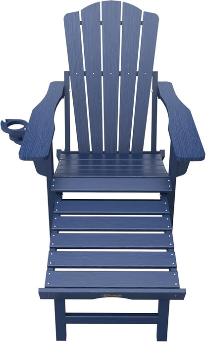 Adjustable Adirondack Chairs with Retractable Ottoman, HDEP Folding Adirondack Chair with Footrest & Cup Holder, All Weather Fire Pit Chair for Outdoor,Navy Blue