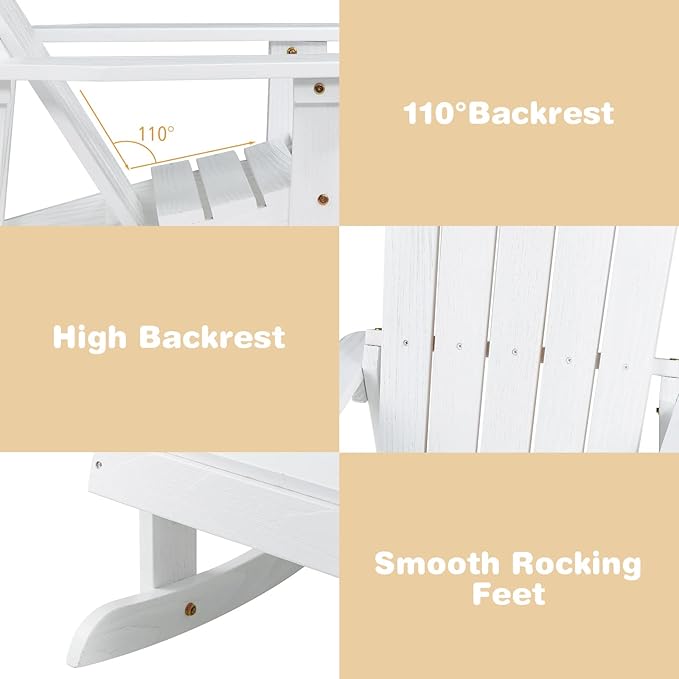 Giantex Wooden Adirondack Rocking Chairs Set of 4 - Kids Outdoor Rocker with Slatted seat, Smooth Rocking Feet, 300LBS Weight Capacity, Porch Rocking Chair for Balcony, Backyard, Poolside (4, White)