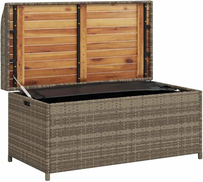 Storage Bench Grey and Brown with Gas Spring Lid and UV Resistant Materials, Modern Outdoor Indoor Seating with Ample Storage Capacity, Durable Poly Rattan and Acacia Wood