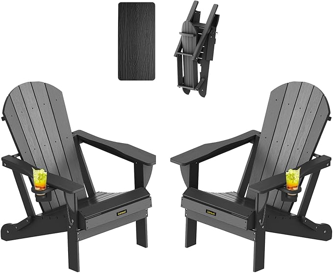 Plastic HDPE Adirondack Chair,Set of 2,Folding Adirondack Chair Weather Resistant with Cup Holder, Wooden Textured Fire Pit Outdoor Chair for Garden, Porch, Lawn, Backyard, Supports 380LBS, Black