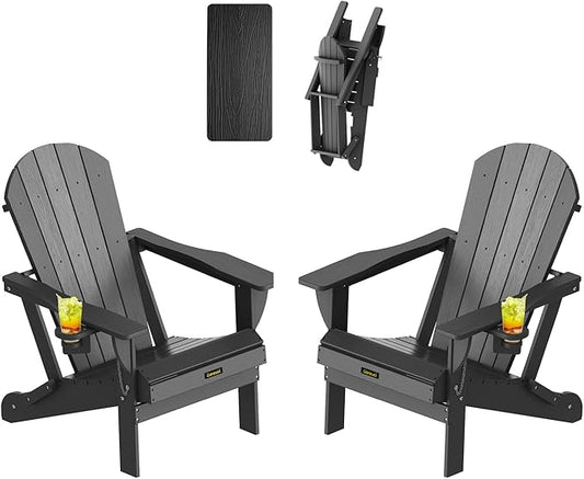 Plastic HDPE Adirondack Chair,Set of 2,Folding Adirondack Chair Weather Resistant with Cup Holder, Wooden Textured Fire Pit Outdoor Chair for Garden, Porch, Lawn, Backyard, Supports 380LBS, Black