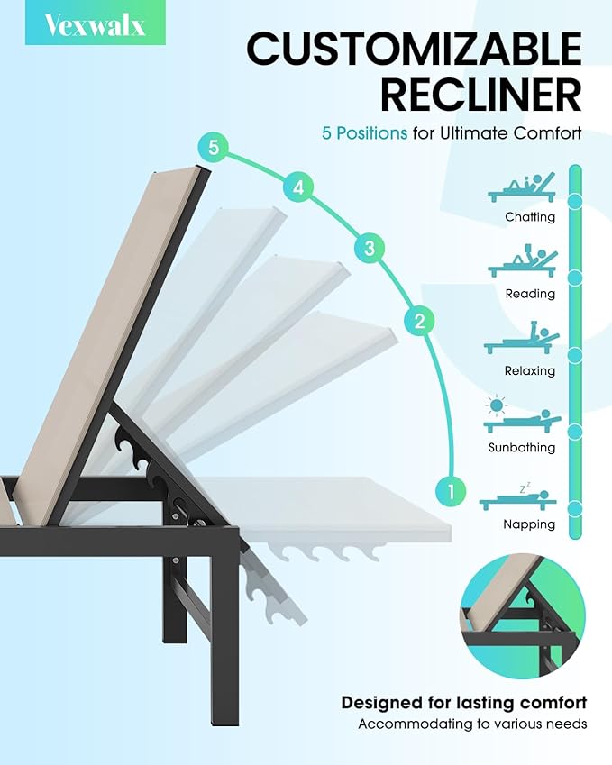 Outdoor Lounge Chair for Pool, Aluminum Chaise Lounge Chairs with 5-Position Recliner, Patio Lounge Chair for Backyard - Photo 4