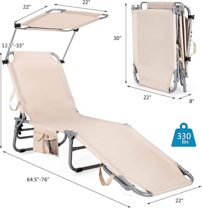 Tangkula Outdoor Folding Chaise Lounge Chair, 5-Fold Reclining Beach Chair, Patio Recliner Chair w/ 360° Canopy Shade & Side Storage Pocket, Portable Chaise Lounge for Beach, Sunbathing (1, Beige)