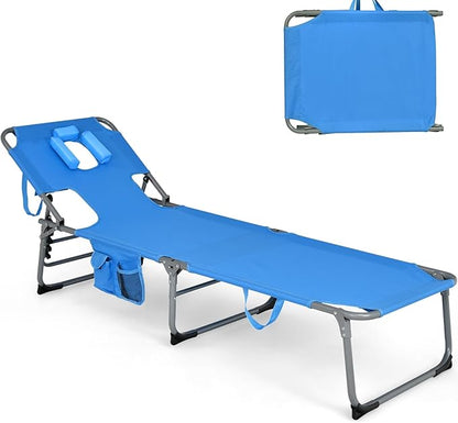 Goplus Tanning Chair, Folding Adjustable Patio Lounge Chair with Face Hole, Removable Pillow, 330LBS, Carry Strap, Outdoor Sunbathing Chair, Lightweight Portable Beach Lounge Chair (1, Navy)