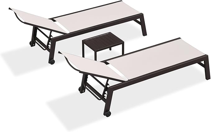 PURPLE LEAF Outdoor Chaise Lounge Chair Set of 3, Patio Lounge Chair for Outdoor, Aluminum Patio Chaise Lounger with Adjustable Backrest and Wheels for Outside, Lawn, Garden, Linen