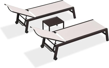 PURPLE LEAF Outdoor Chaise Lounge Chair Set of 3, Patio Lounge Chair for Outdoor, Aluminum Patio Chaise Lounger with Adjustable Backrest and Wheels for Outside, Lawn, Garden, Linen