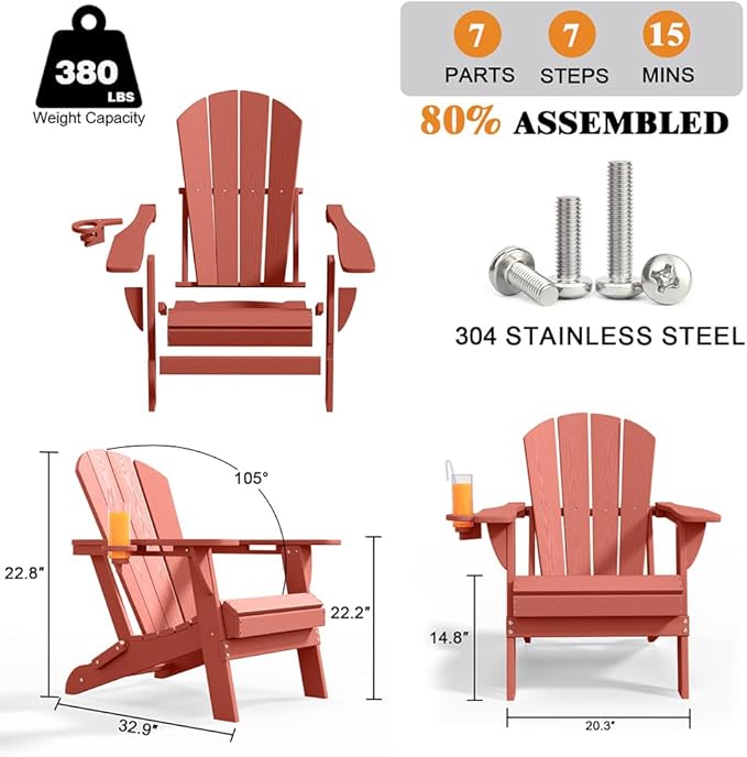 Folding Adirondack Chair with Cup Holders, HDPE Plastic Outdoor Chairs, Weather Resistant, Real Wood Look for Patio - Photo 3