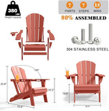 Folding Adirondack Chair with Cup Holders, HDPE Plastic Outdoor Chairs, Weather Resistant, Real Wood Look for Patio - Photo 3