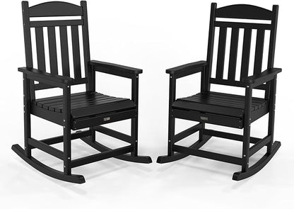 VINGLI Outdoor Rocking Chair Set of 2, HDPE Rocking Chair with Higher Backrest, All Weather Rocker for Garden, Yard, Balcony, Black