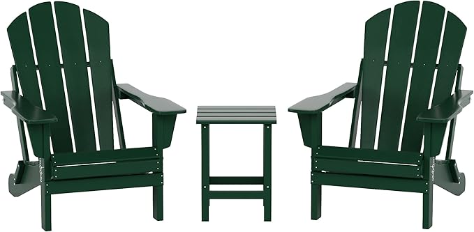 WO WESTIN OUTDOOR HDPE Laguna 3PC Outdoor Poly Adirondack Chair Set with Side Table, Dark Green