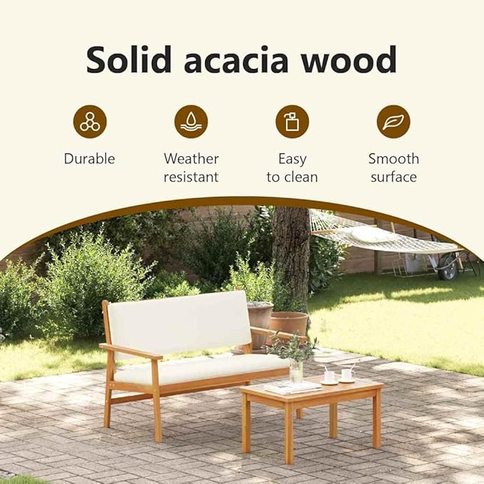 vidaXL Cream White Outdoor Bench Set with Cushions Acacia Wood Patio Furniture for Balcony and Garden Comfortable Seating 2 People Stylish Coffee Table Cozy Cushioned Modern Design Living Space.