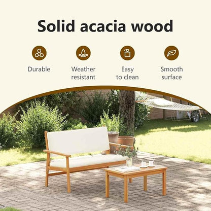 vidaXL Cream White Outdoor Bench Set with Cushions Acacia Wood Patio Furniture for Balcony and Garden Comfortable Seating 2 People Stylish Coffee Table Cozy Cushioned Modern Design Living Space.