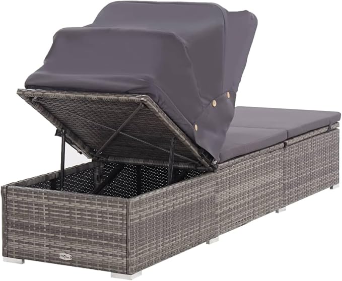 Grey Rattan Sun Lounger with Canopy 76.8 x 23.6 x 43.3 in Powder-Coated Steel Frame Adjustable Recline Foldable Outdoor - Photo 6