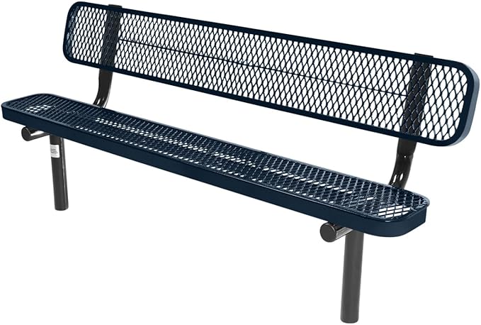 COATEDOUTDOORFURNITURE Coated Outdoor Furniture Heavy-Duty Outdoor Bench Thermoplastic Coated, Expanded Metal, Commercial-Grade Seating, Made in America (Inground with Back, 6 Ft, Dark Blue)