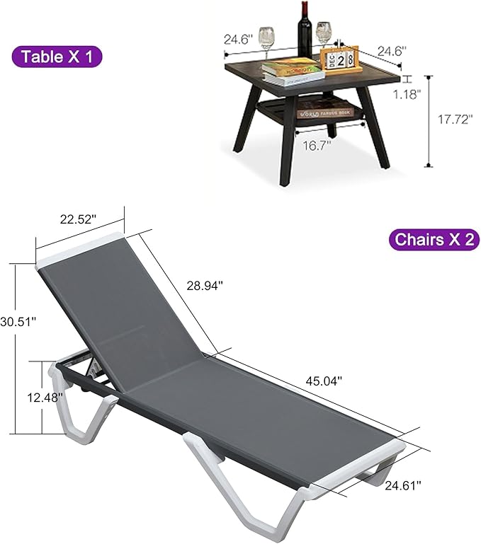 PURPLE LEAF Outdoor Chaise Lounge Set of 3 Plastic Pool Lounge Chair with Metal Side Table Patio Stackable Lounger Chair for Poolside Sunbathing Beach Deck Yard, Grey