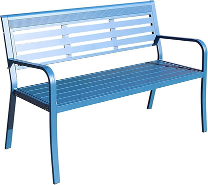Metal Garden Bench 2-Seater, Aluminum Park Bench with Backrest and Armrests, Weatherproof Outdoor Furniture Loveseat(Blue)