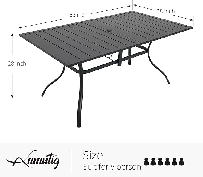 Rectangle Outdoor Patio Dining Table with Adjustable Umbrella Hole for 6 Person - 63" x 38" x 28"