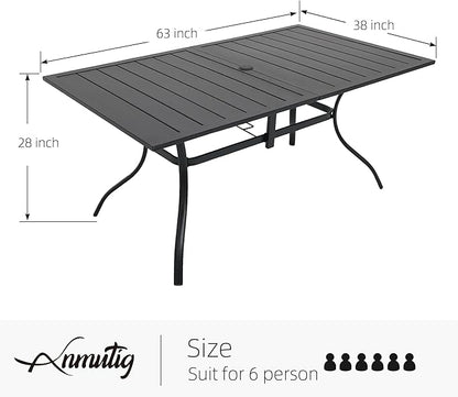 Rectangle Outdoor Patio Dining Table with Adjustable Umbrella Hole for 6 Person - 63" x 38" x 28"