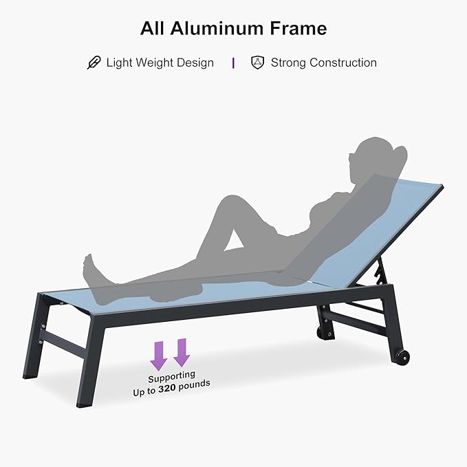 PURPLE LEAF 6-Piece Outdoor Chaise Lounge Oversized Pool Lounge Chairs with Easy-to-Move Wheels and Adjustable Backrest Extra Large Patio Loungers for Poolside Deck Beach Yard Table Included, Teal