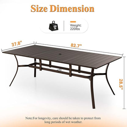 Rectangle Patio Dining Table, 8-Person Metal Outdoor Patio Table with Adjustable Umbrella Hole, Weather-Resistant for Garden Backyard Porch, Dark Brown